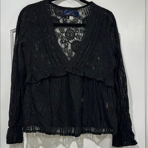 Blue Rain Black Flare V-Neck Lace Top Size Large